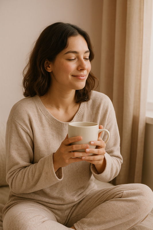 Femme détendue tenant une tasse dans un intérieur doux, symbole de bien-être et de sérénité féminine